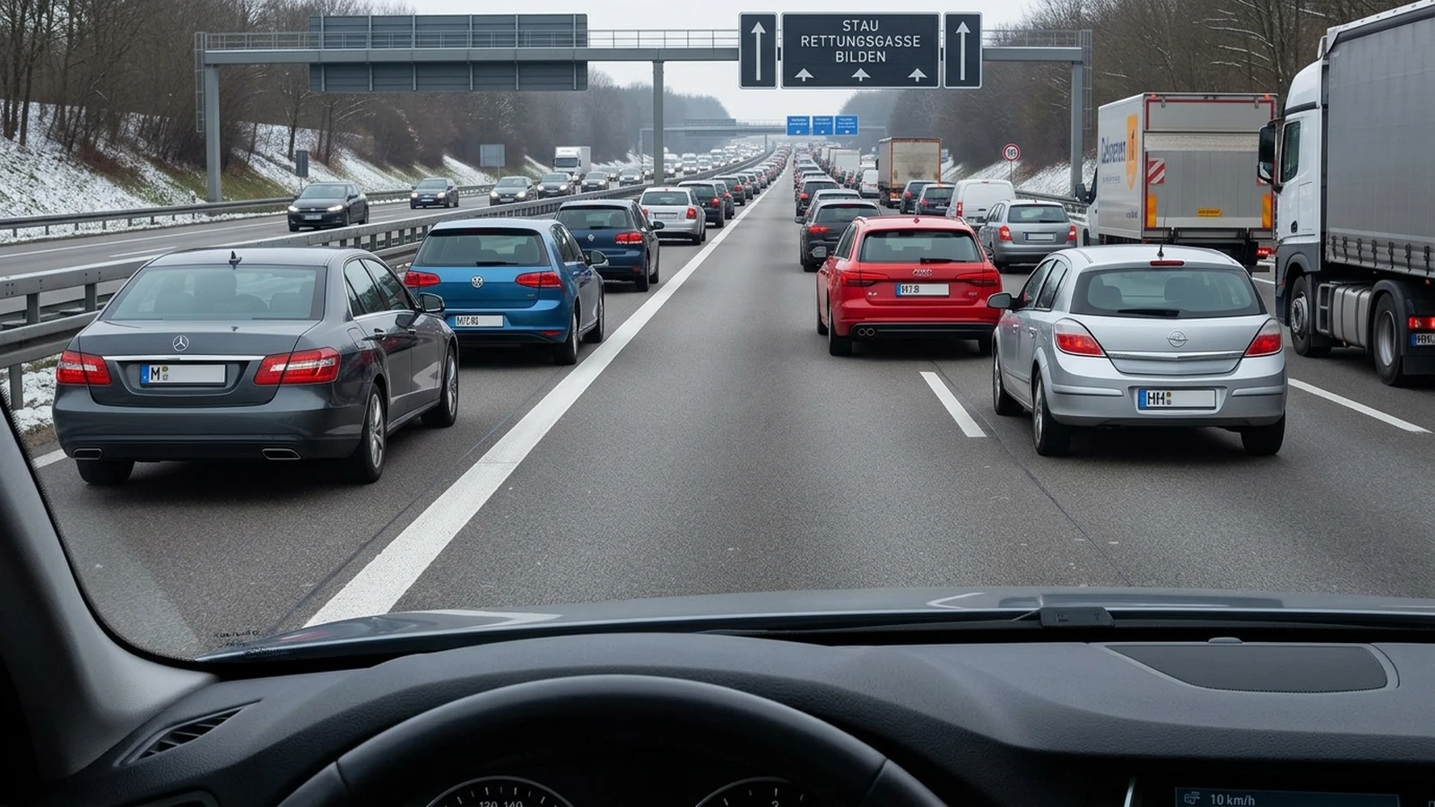 Rettungsgasse bei Schrittgeschwindigkeit