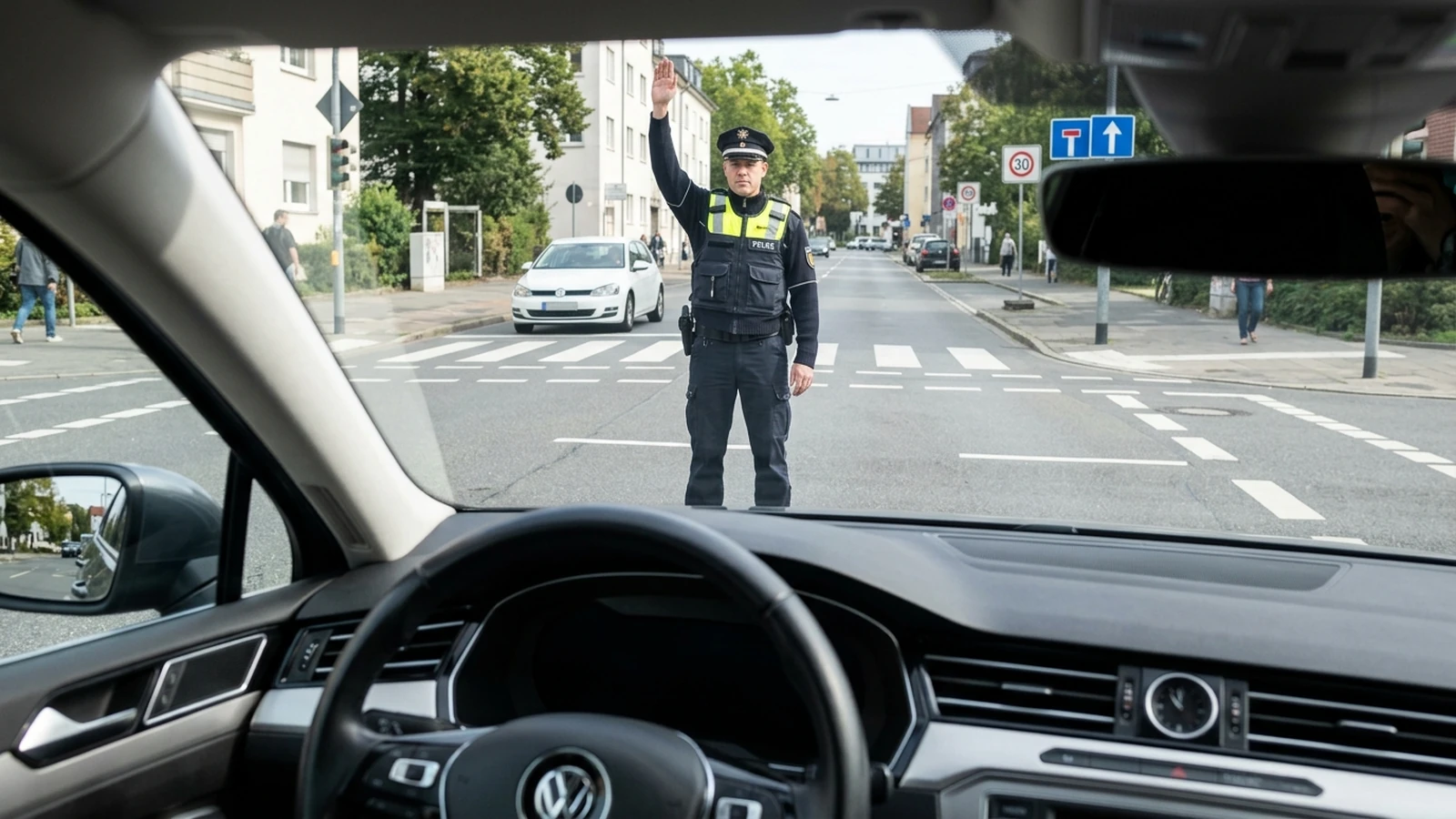 Polizist hebt einen Arm