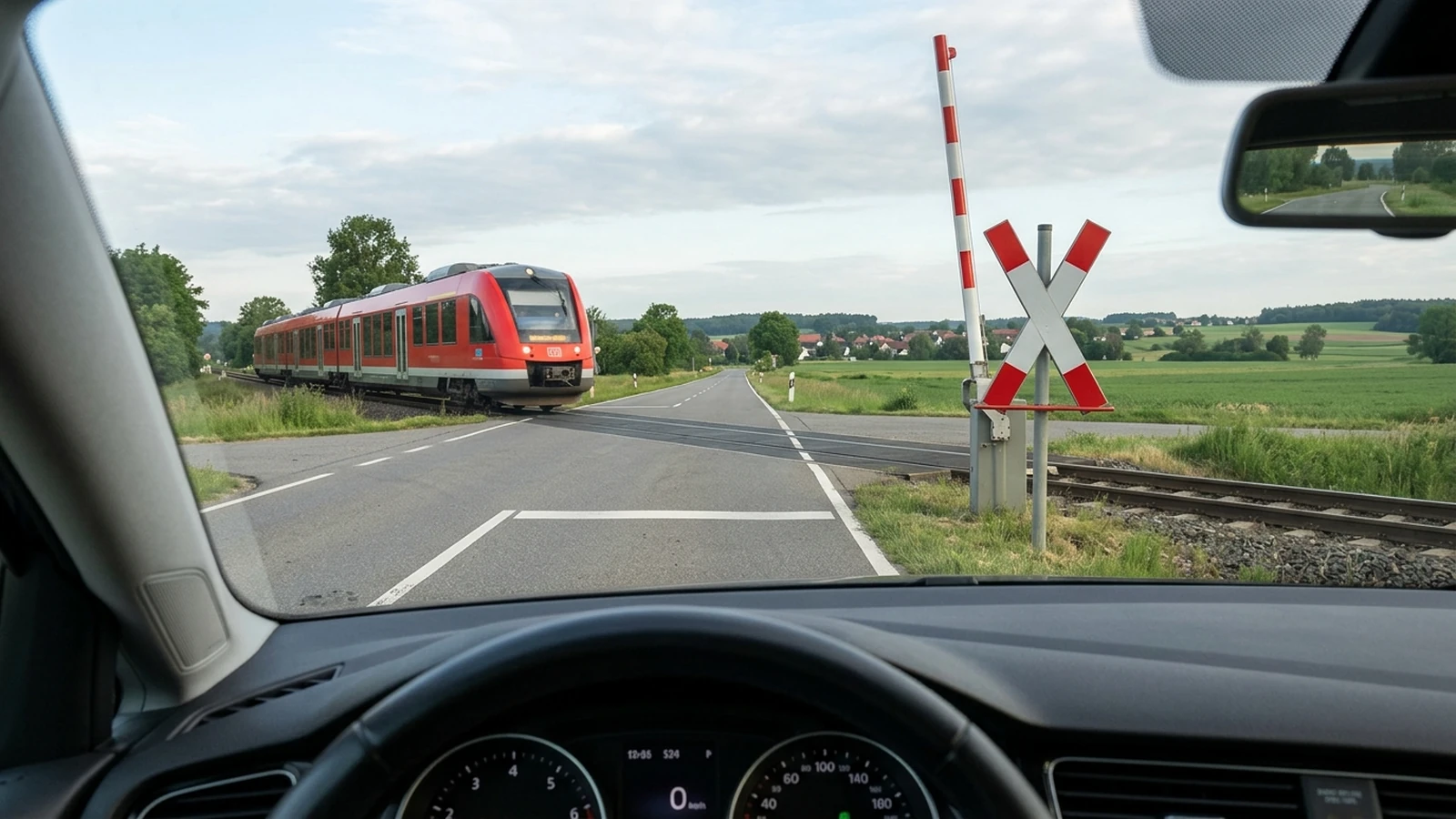 Andreaskreuz und herannahender Zug