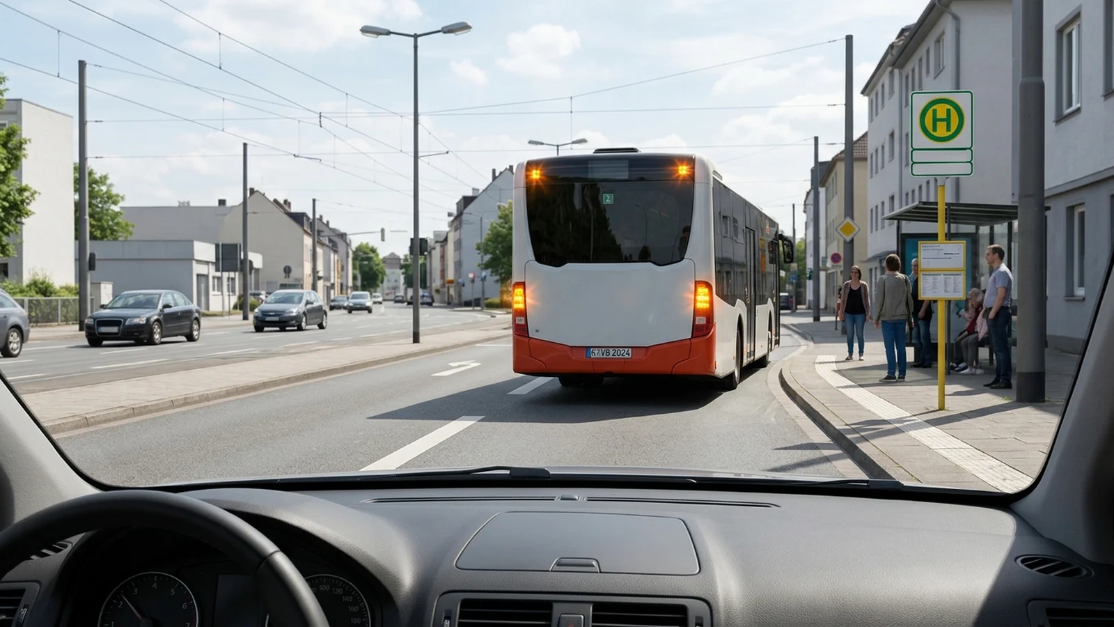 Bus nähert sich mit Warnblinklicht
