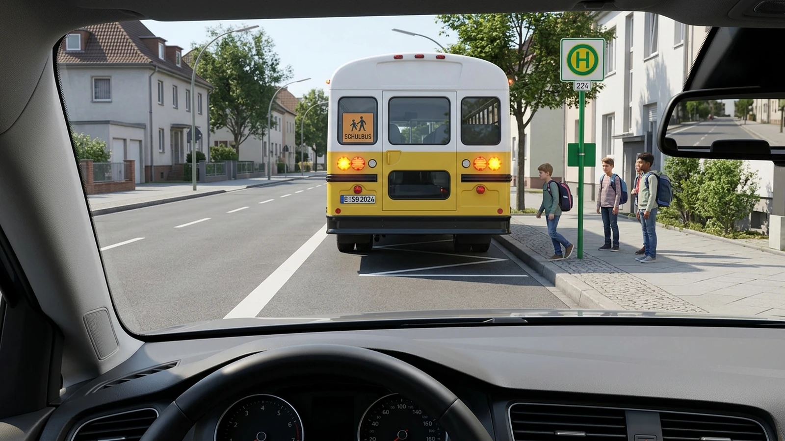 Bus hält mit Warnblinklicht