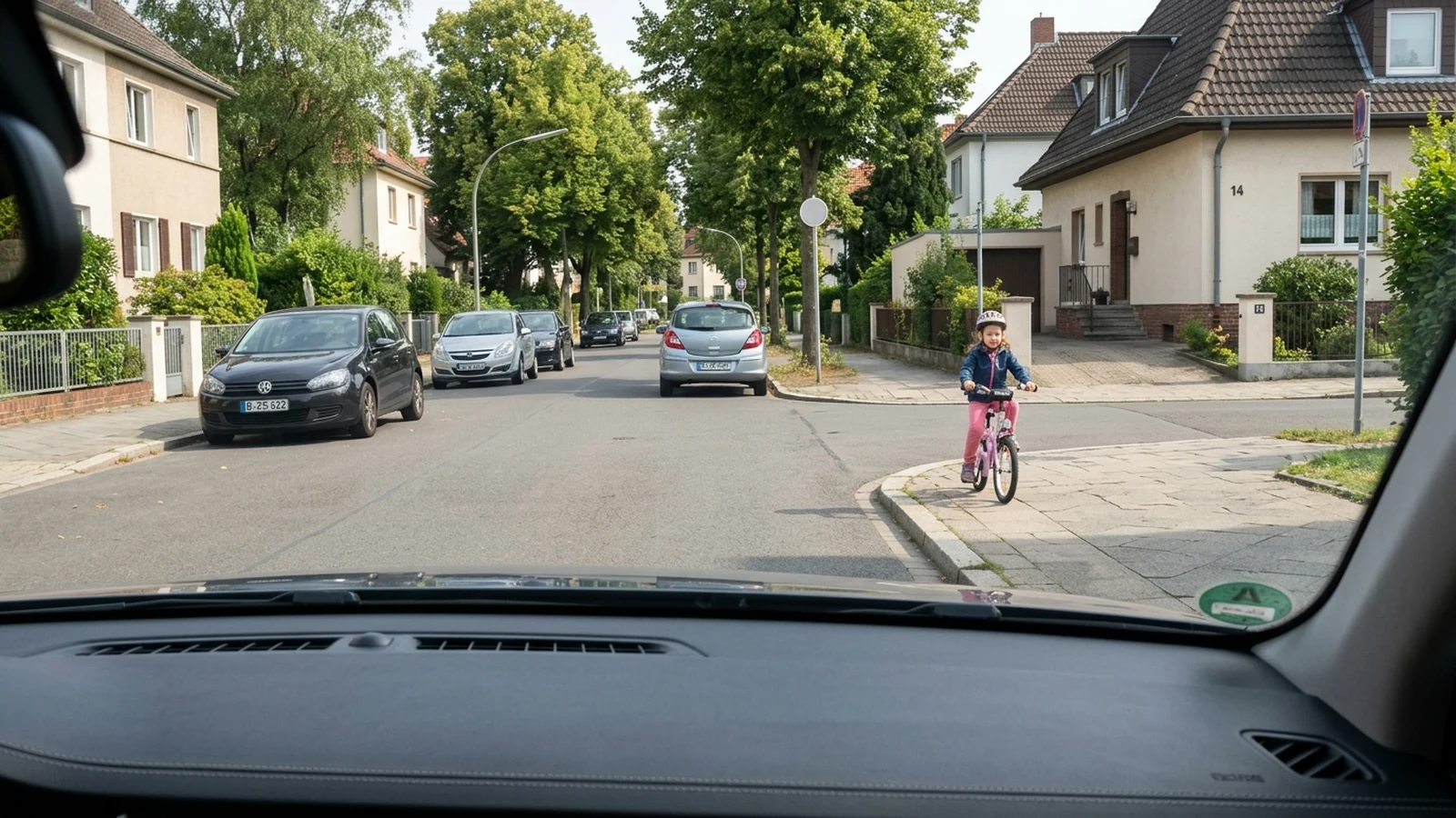 Kind auf dem Gehweg mit Fahrrad