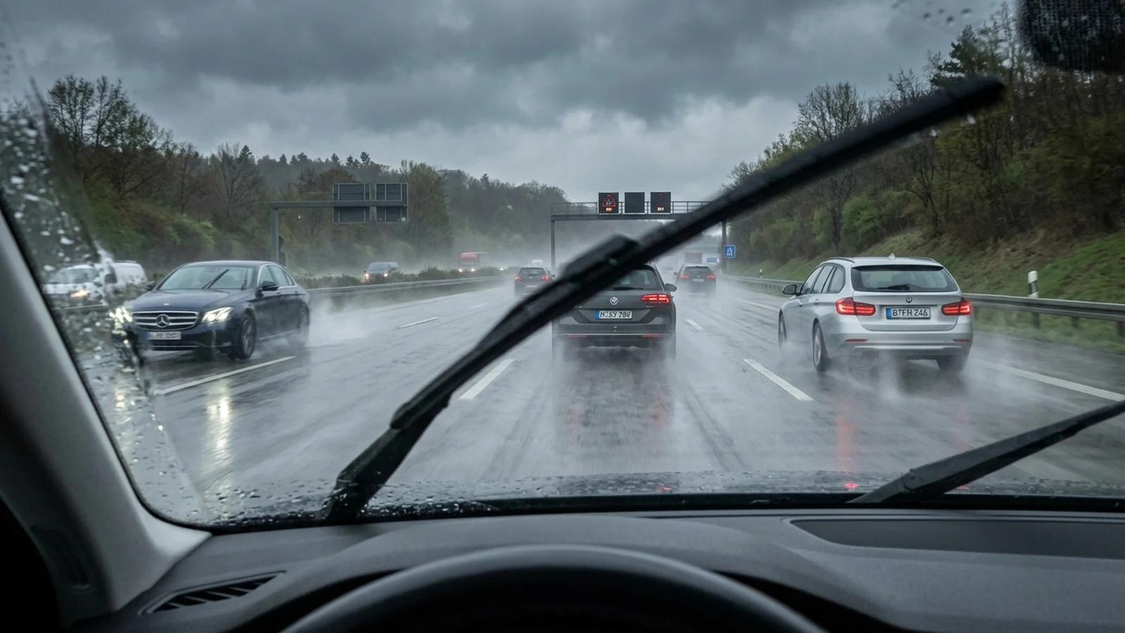 Autobahn ohne Tempolimit bei Starkregen