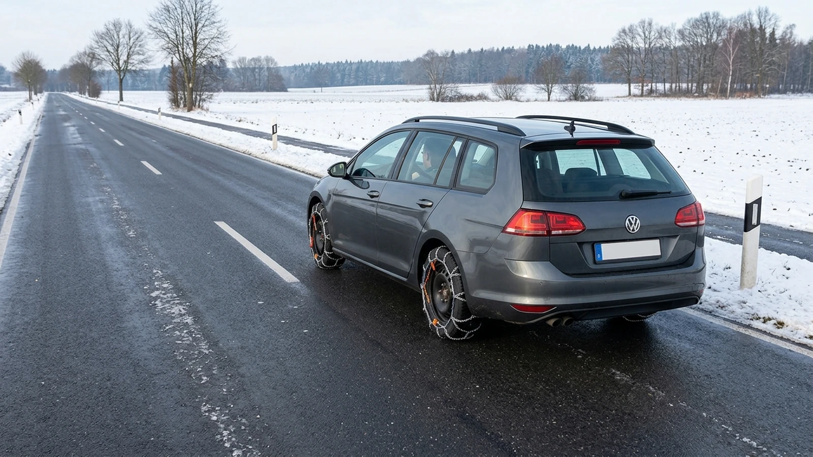 Schneeketten auf freier Straße