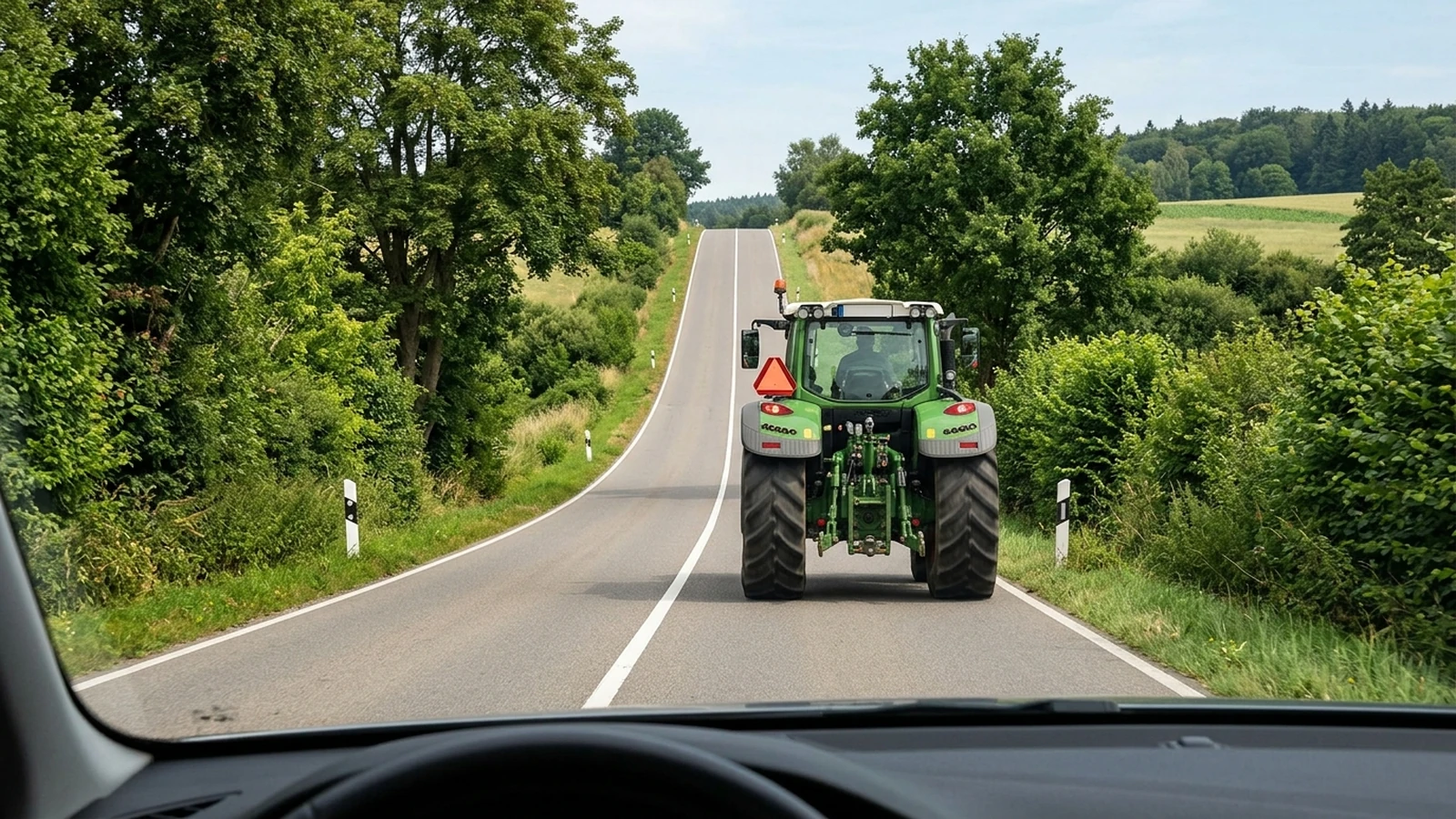 Langsamer Traktor vor Kuppe