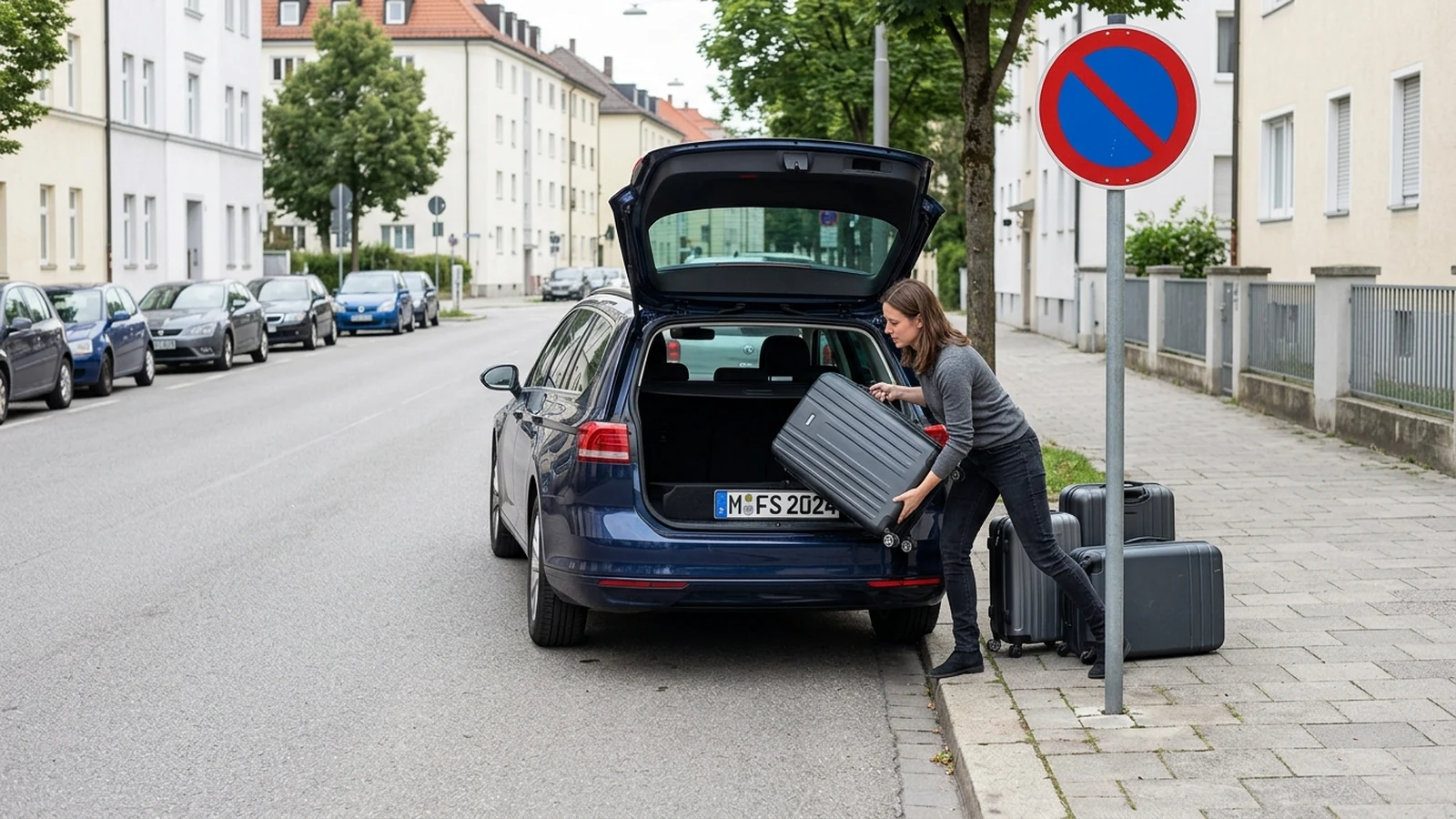 Zeichen 286 und Koffer ausladen
