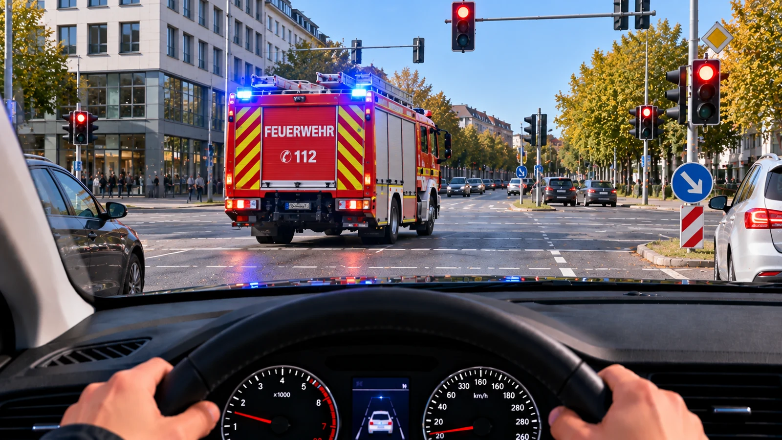 Einsatzfahrzeug fährt bei Rot